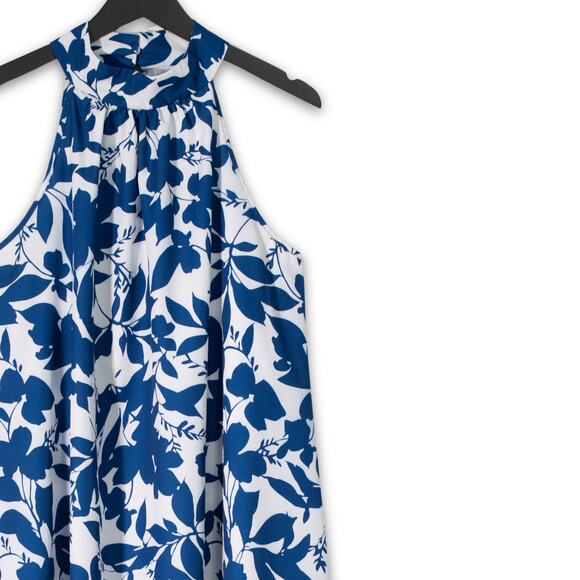 Mod Floral Halter Dress - Womens XXL - Blue and White Sleeveless Summer Midi - Picture 1 of 7